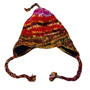 100% Wool Trapper Hat Rainbow Colors Fleece Lined Made In Nepal
